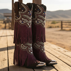 Tuhoomall Western Knee High Boots for Parties, Performances, Fashionable Comfort with Floral Embellishments and Sparkling Details