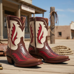 Tuhoomall Western Ankle Boots for Women, Stylish Casual and Workwear, Sharp Toe, Chunky Heel, Zipper Closure, Patches and Embroidery Details