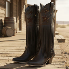 Tuhoomall Comfortable Western Knee-High Boots with Fringe and Studs for Fashion, Party, and Performance - 7.5cm Chunky Heel, All-Season Wear