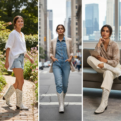 Tuhoomall Cowboy Boots for Women Western Square Toe Mid Calf White Cowgirl Boots Rhinestone Chunky Wedding