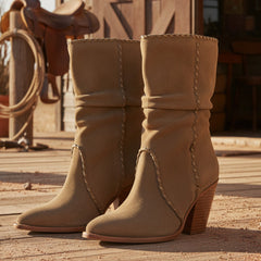 Tuhoomall Western Cowboy Ankle Boots for Women, Stylish Casual Short Boots, Wrinkled Design, Slip-On, Chunky Heel, All-Season Wear Tuhoomall