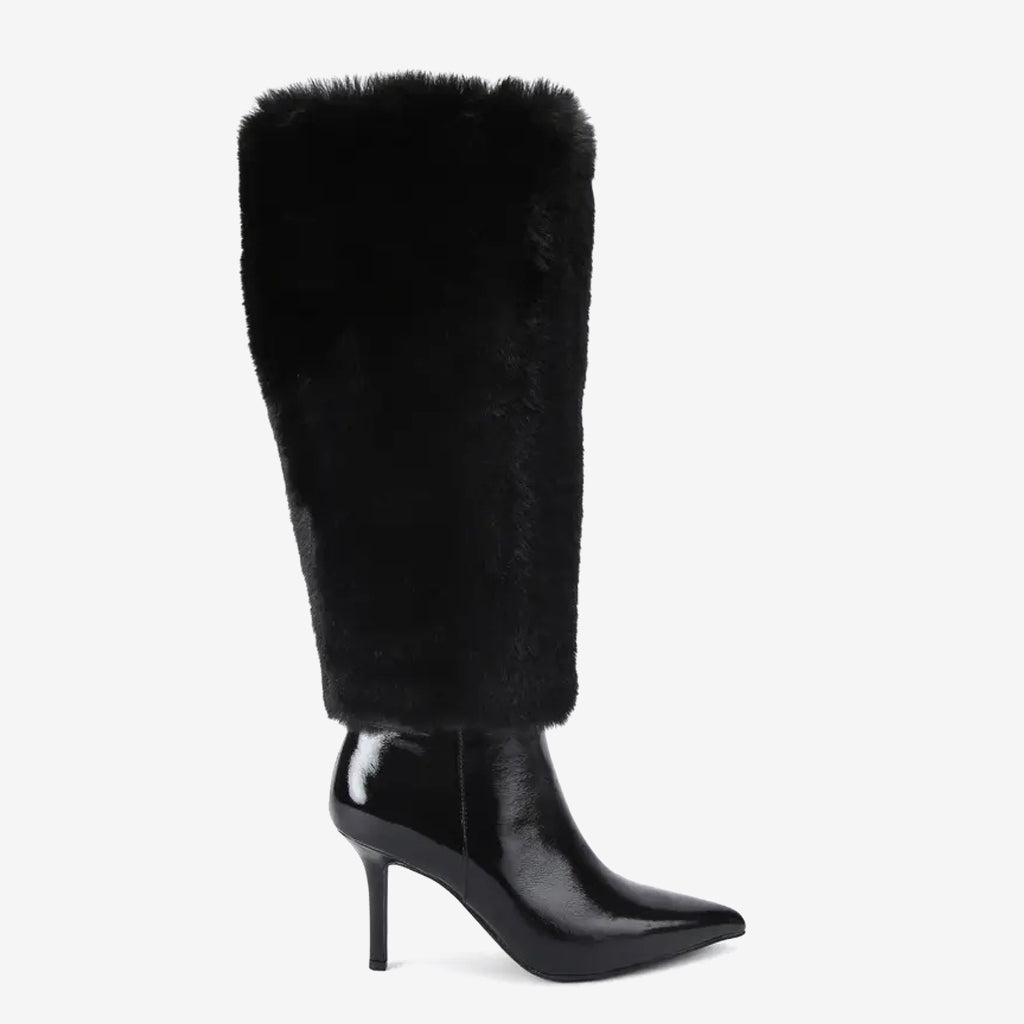 Tuhoomall Knee-High Faux Fur Booties with Zip Closure for Fashion Parties and Performances, Pointed Toe High Heels Tuhoomall