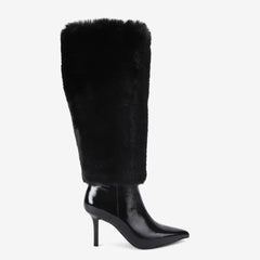 Tuhoomall Knee-High Faux Fur Booties with Zip Closure for Fashion Parties and Performances, Pointed Toe High Heels Tuhoomall