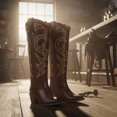 Tuhoomall Western Style Knee High Boots With Rhinestones & Embroidery, Trendy Chunky Heels For Casual Office Wear, All Season Comfort