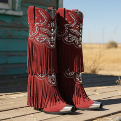 Tuhoomall Western Knee High Boots for Parties, Performances, Fashionable Comfort with Floral Embellishments and Sparkling Details