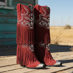Tuhoomall Western Knee High Boots for Parties, Performances, Fashionable Comfort with Floral Embellishments and Sparkling Details Tuhoomall