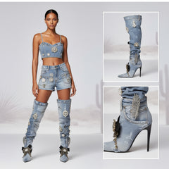 Tuhoomall Knee-High Stiletto Boots With Ruched Design, Pointed Toe, Jewel Embellishments, Stylish Slip-On, Perfect For Parties And Performances