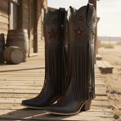 Tuhoomall Comfortable Western Knee-High Boots with Fringe and Studs for Fashion, Party, and Performance - 7.5cm Chunky Heel, All-Season Wear