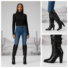 Tuhoomall Fashion Knee-High Boots for Women, Stylish Ruffled Design, 9cm Chunky Heel, Ideal for Casual Work and All Seasons
