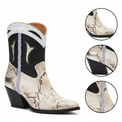 Tuhoomall Floral Ankle Cowboy Boots for Women, Low Chunky Heel 2.75 in, Elegant Vegan Leather, Perfect for Casual and Formal Occasions