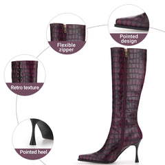 Tuhoomall Fashion Knee-High Boots for Women, Chic Style with Zipper and Stone Pattern, 9cm Stiletto Heels for Everyday and Work Use
