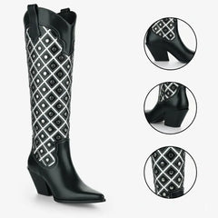 Tuhoomall Western Cowboy Knee High Boots for Fashion, Outdoor, and Casual Wear, Featuring Chic Geometric Patterns and Chunky Heel Design Tuhoomall