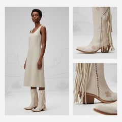 Tuhoomall Western Cowboy Boots for Women, Floral Embroidered Mid-Calf Chunky Heel, Trendy Fringe Detail, Perfect for Casual Outings and Performances