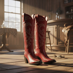 Tuhoomall Western Style Knee High Boots With Rhinestones & Embroidery, Trendy Chunky Heels For Casual Office Wear, All Season Comfort