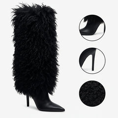 Tuhoomall Knee High Chunky Heeled Boots, Animal Cruelty Free, Elegant Party and Runway Style, Solid Faux Fur Design Tuhoomall