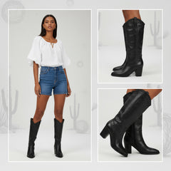 Tuhoomall Western Knee-High Boots for Women, 7cm Chunky Heels, Slip-On Style, Durable Woven Leather, Perfect for Work and Casual Occasions