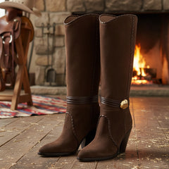Tuhoomall Western Knee-High Boots, Chunky Heel, Woven Design, Versatile for Work and Parties, Soft Faux Suede, Unique Buckle Detail, All-Season Footwear