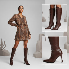 Tuhoomall Fashion Women's Knee-High Stiletto Boots, Elegant Party Wear with Lace-Up and Studs, Perfect for Weddings and Casual Outings