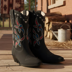 Tuhoomall Retro Western Boots for Women, Embroidered Suede Slip-On Casual Fashion, Chunky Heeled Mid-Calf Fashion Shoes, Year-Round Comfort