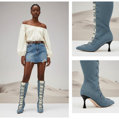 Tuhoomall Fashion Casual Mid-Calf Boots with Gradient Pattern, Pointed Toe, Chunky Heel, Slip-On Design for All Seasons