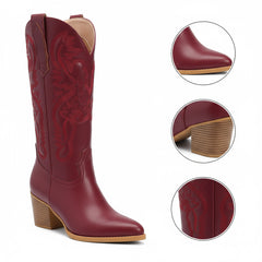 Tuhoomall Western Style Embroidered Mid Calf Boots for Women, Pointed Toe, Chunky Low Heel, Fashionable All-Season Footwear, Perfect for Parties