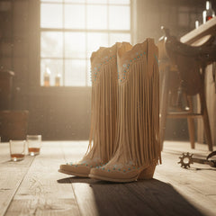 Tuhoomall Western Style Mid-Calf Boots with Fringe and Stone Embellishments, Comfortable Block Heels for Parties and Casual Outings Tuhoomall