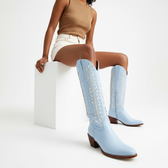 Tuhoomall Western Mid Calf Boots for Women, Embroidered Vegan Leather, Casual Chunky Heel, Spring Autumn Winter Fashion