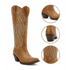 Tuhoomall Western Cowgirl Mid Calf Boots With Embroidery, Casual Pointed-Toe Chunky Heel Design, Stylish Daily Footwear Tuhoomall