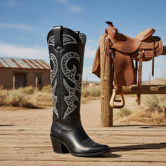 Tuhoomall Western Style Knee High Boots With Rhinestones & Embroidery, Trendy Chunky Heels For Casual Office Wear, All Season Comfort