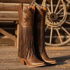 Tuhoomall Comfortable Western Knee-High Boots with Fringe and Studs for Fashion, Party, and Performance - 7.5cm Chunky Heel, All-Season Wear
