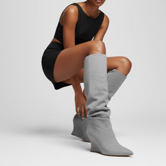 Tuhoomall Knee High Comfortable Wedge Booties With Pointed Toe For Parties, Performances, Fashion Events, Featuring Ruffled Design And Rubber Sole