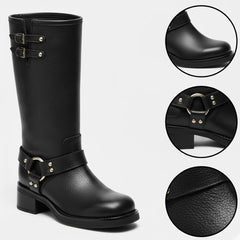Tuhoomall Comfortable Chunky Heeled Calf-High Boots with Adjustable Buckles for Parties and Performances, Stylish Solid Color Design Tuhoomall