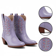 Tuhoomall Pointed Toe Chunky Heel Ankle Booties with Embroidered Inlay for Casual Fashion