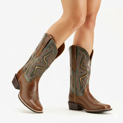 Tuhoomall Stylish Embroidered Mid-Calf Boots for Women, Low Thick Heel, Square Toe, Perfect for Parties and Casual Outings