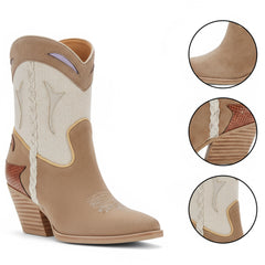 Tuhoomall Floral Ankle Cowboy Boots for Women, Low Chunky Heel 2.75 in, Elegant Vegan Leather, Perfect for Casual and Formal Occasions