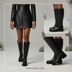 Tuhoomall Fashion Casual Boots for Women, Mid-Calf Length, Solid Color, Round Toe, Chunky Heel, Slip-On, Ideal for Work and Leisure, 5.4cm Block Heels