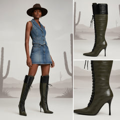 Tuhoomall Knee-High Pointed Toe Women's Fashion Boots with Cross Straps and Metal Accents for Parties and Performances, Stylish and Functional