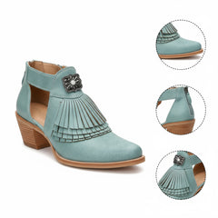 Tuhoomall Western Ankle Boots for Women with Chunky Heel, Snip-Toe, Fringe Design, Outdoor and Dance Ready, Faux Suede