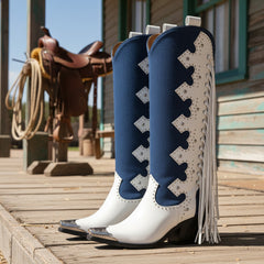 Tuhoomall Western Knee-High Boots for Women, Snip Toe, Fringe Accents, 7.5cm Chunky Heel - Perfect for Casual and Special Occasions Tuhoomall