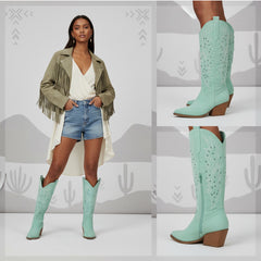 Tuhoomall Western Knee-High Boots For Women With Embroidery And Zipper, Chunky Heel For Travel, Outdoor, Fashion Casual, Party And Dance