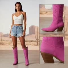 Tuhoomall Western Knee-High Boots For Women With Embroidery And Zipper, Chunky Heel For Travel, Outdoor, Fashion Casual, Party And Dance