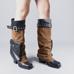Tuhoomall Comfortable Knee High Cowboy Boots for Women with Studded Design, Adjustable Buckle, Perfect for Parties and Performances