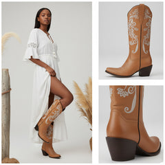 Tuhoomall Western Style Embroidered Mid-Calf Boots for All Seasons, Slip-On Low Chunky Heels with PU Material and Sniper Toe Design