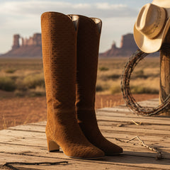 Tuhoomall Knee High Fashion Boots for Women, Stylish Woven Pattern, Comfortable Mid Heels, Pointed Toe Design for Work and Parties