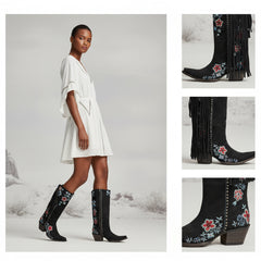 Tuhoomall Western Cowboy Boots for Women, Floral Embroidered Mid-Calf Chunky Heel, Trendy Fringe Detail, Perfect for Casual Outings and Performances