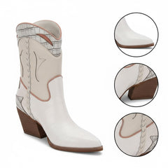 Tuhoomall Floral Ankle Cowboy Boots for Women, Low Chunky Heel 2.75 in, Elegant Vegan Leather, Perfect for Casual and Formal Occasions