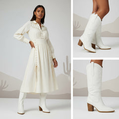 Tuhoomall Western Knee-High Boots for Women, 7cm Chunky Heels, Slip-On Style, Durable Woven Leather, Perfect for Work and Casual Occasions