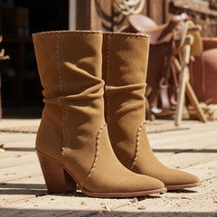 Tuhoomall Western Cowboy Ankle Boots for Women, Stylish Casual Short Boots, Wrinkled Design, Slip-On, Chunky Heel, All-Season Wear