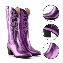 Tuhoomall Western Style Embroidered Mid Calf Boots for Women, Pointed Toe, Chunky Low Heel, Fashionable All-Season Footwear, Perfect for Parties