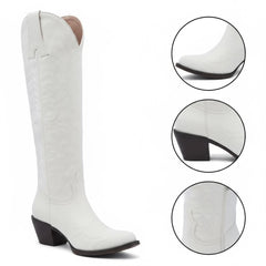 Tuhoomall Western Knee-High Cowgirl Boots with Embroidery, Chunky Heel, Slip-On Design for Outdoor Adventures